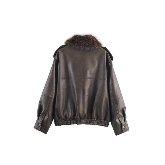Damen Kunstlederjacke mit abnehmbarem Kunstfellkragen und praktischen Taschen Fudus