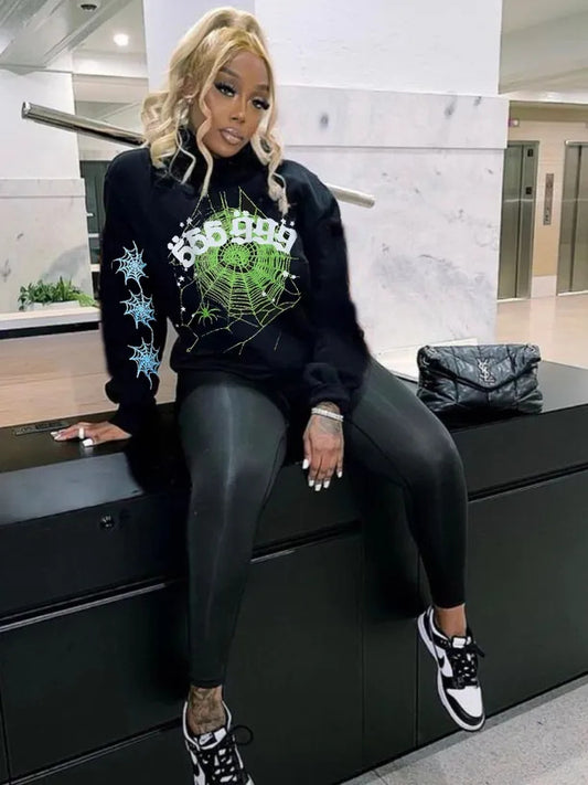 Damen Kapuzenpullover mit kreativem Spinnennetz-Design und modischem Schriftzug Fudus