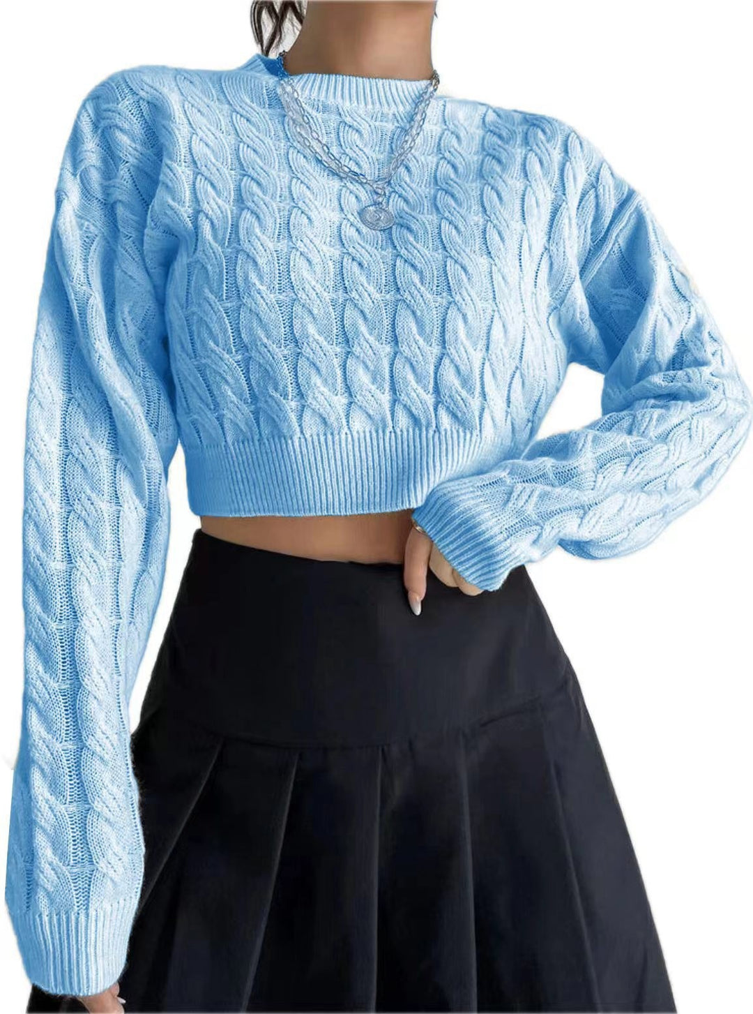 Damen modischer cropped Strickpullover mit Zopfmuster Fudus