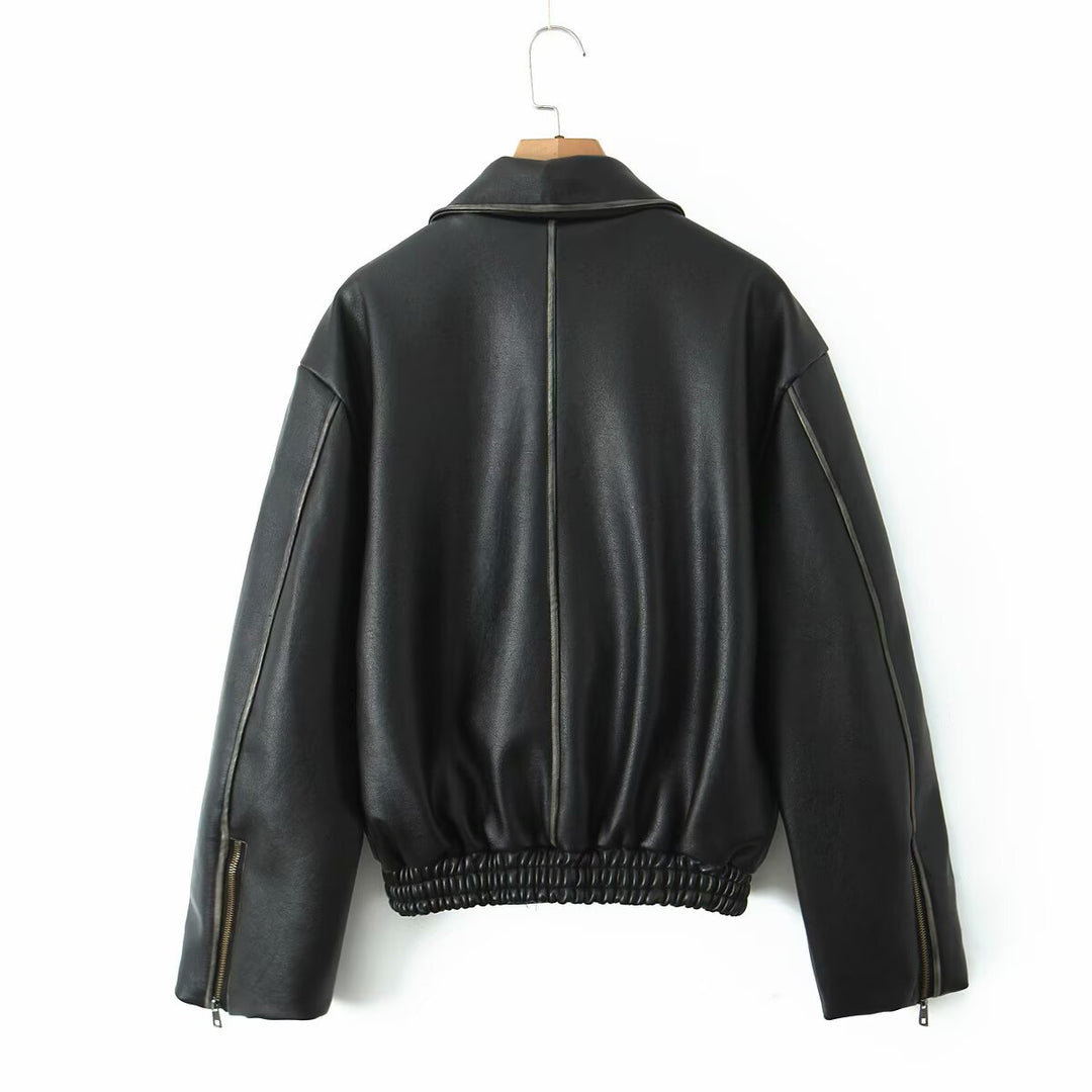 Damen lässige Lederjacke mit elastischem Saum Fudus