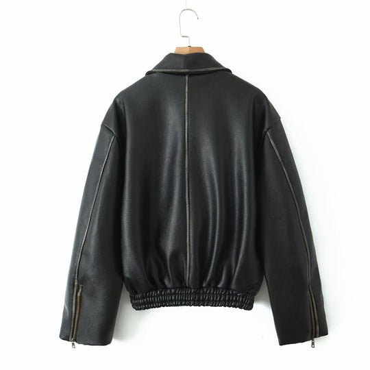 Damen lässige Lederjacke mit elastischem Saum Fudus