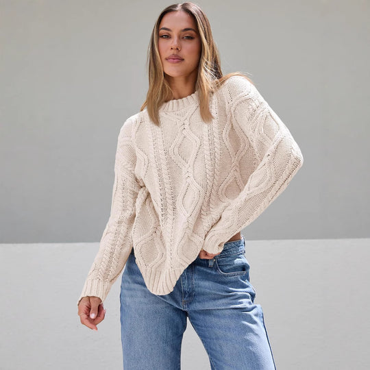 Damen Grobstrickpullover mit Wellenmuster und weitem Schnitt Fudus