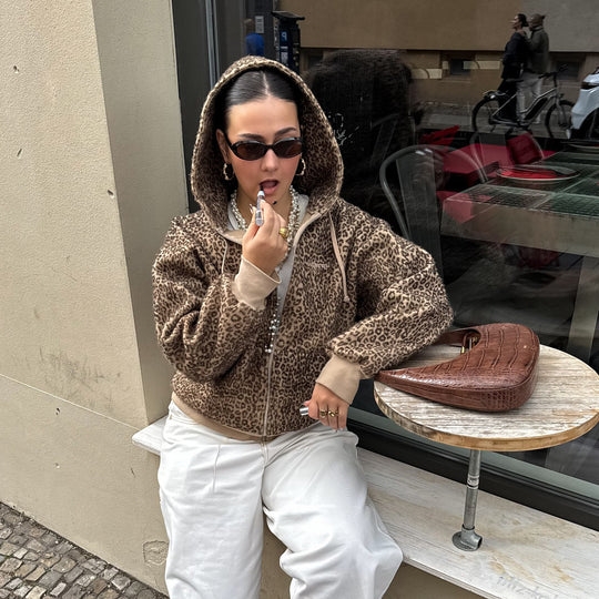 Damen kuschelige Kapuzenjacke mit tierischem Muster Fudus