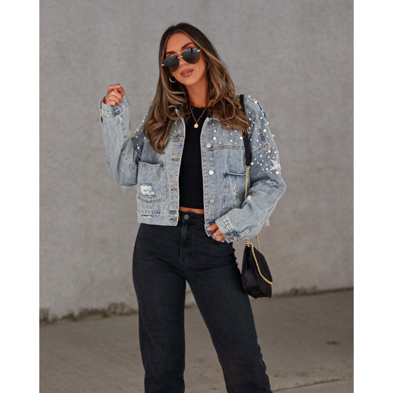 Damen Jeansjacke mit auffälligen Applikationen und oversized Schnitt Fudus