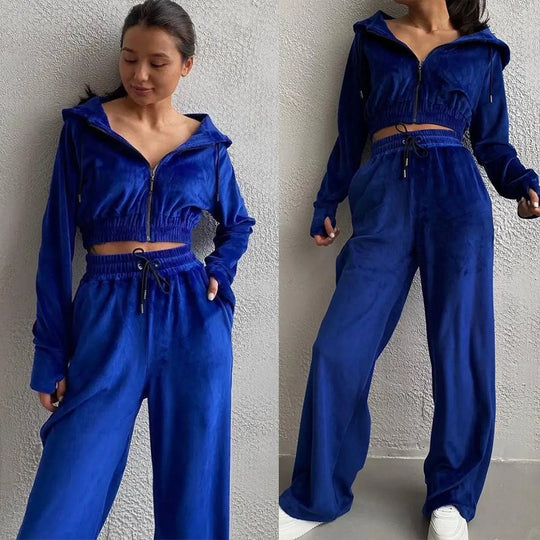 Damen kuscheliges Velours-Lounge-Set mit Kapuze Fudus