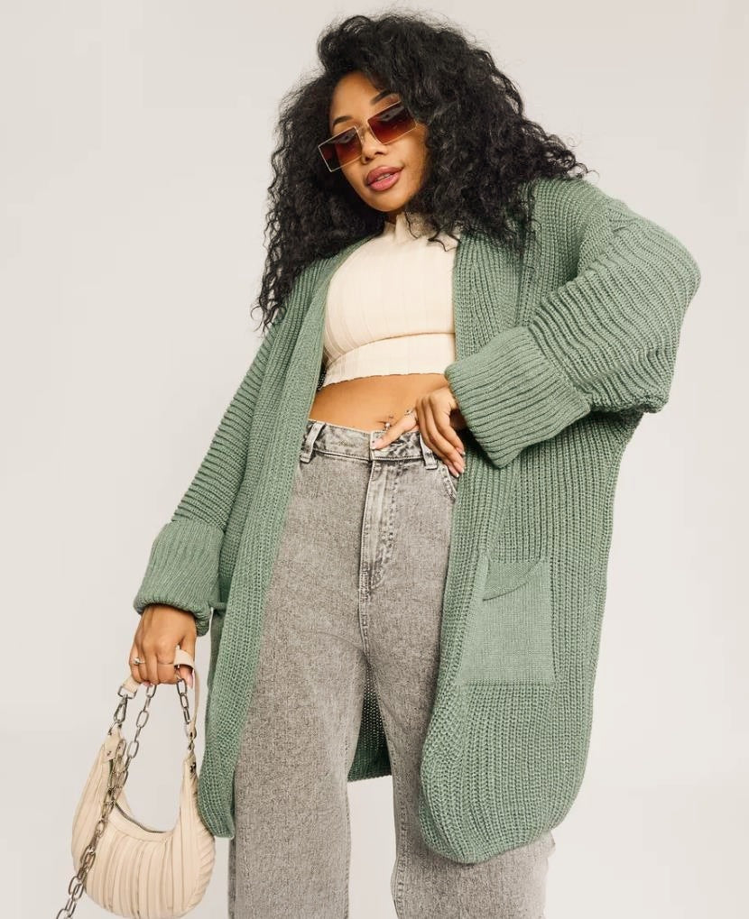 Damen lässige Strickjacke mit aufgesetzten Taschen und offenem Design Fudus