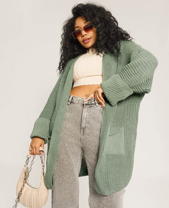 Damen lässige Strickjacke mit aufgesetzten Taschen und offenem Design Fudus