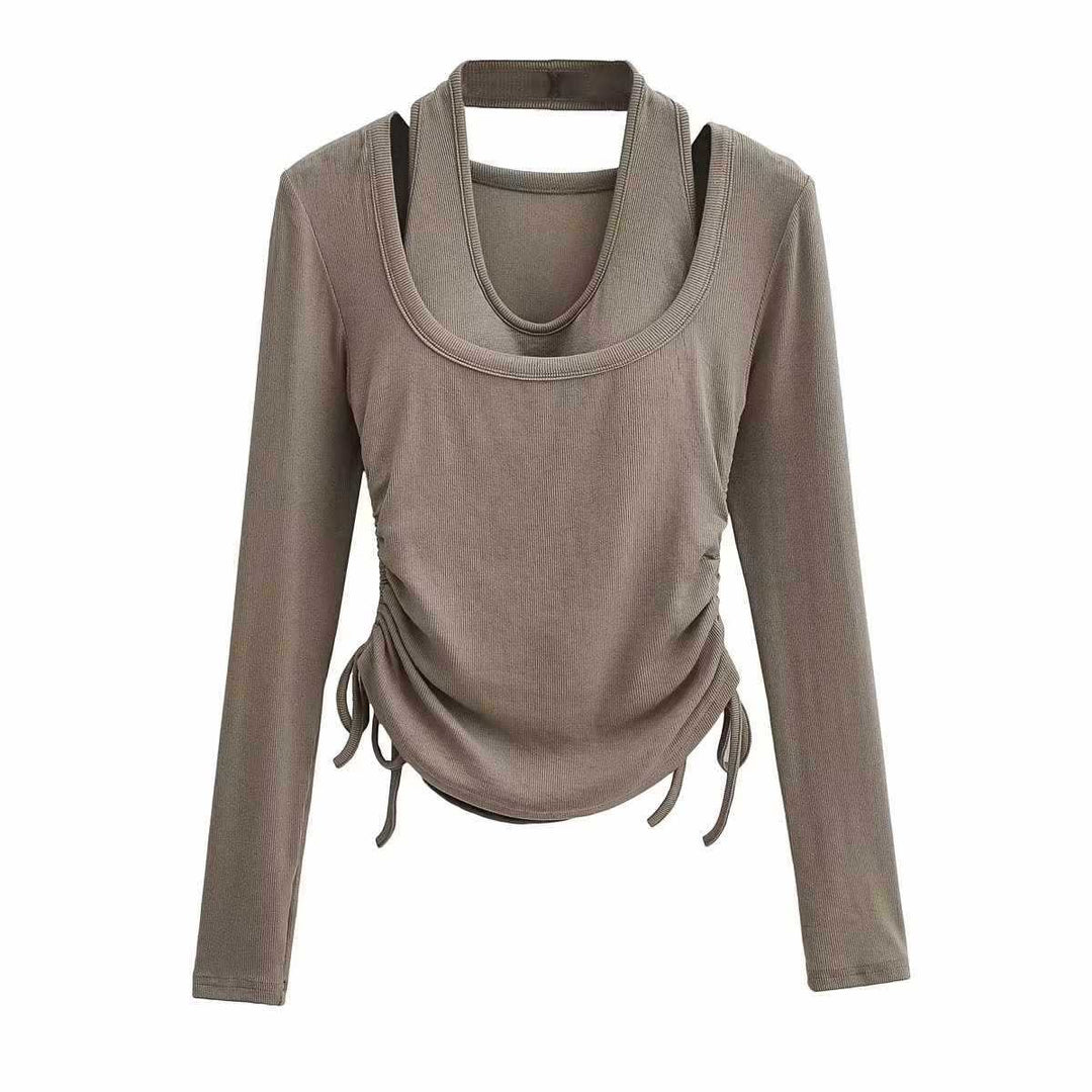 Damen langärmeliges Oberteil mit dekorativem Knoten Fudus