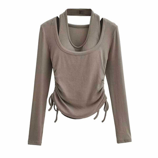 Damen langärmeliges Oberteil mit dekorativem Knoten Fudus