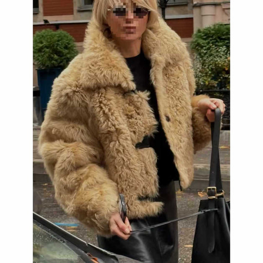 Damen Kunstfelljacke im lässigen Design mit großen Knöpfen Fudus