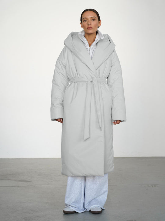 Damen Langmantel mit breitem Kragen und Taillengürtel Fudus