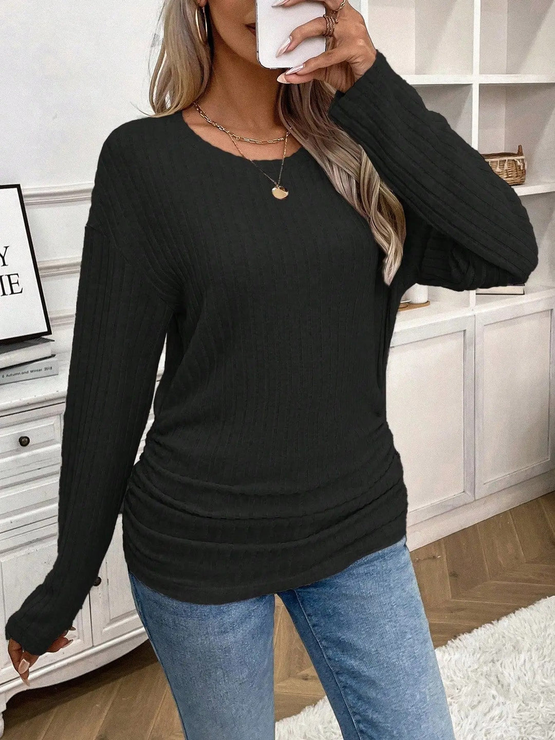 Damen Langärmliges Ripp-Oberteil mit taillierter Schnittführung Fudus