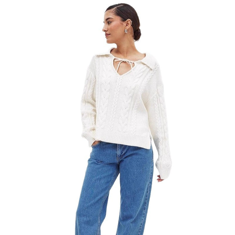 Damen Grobstrickpullover mit romantischem Kragen und praktischen Schnürdetails Fudus