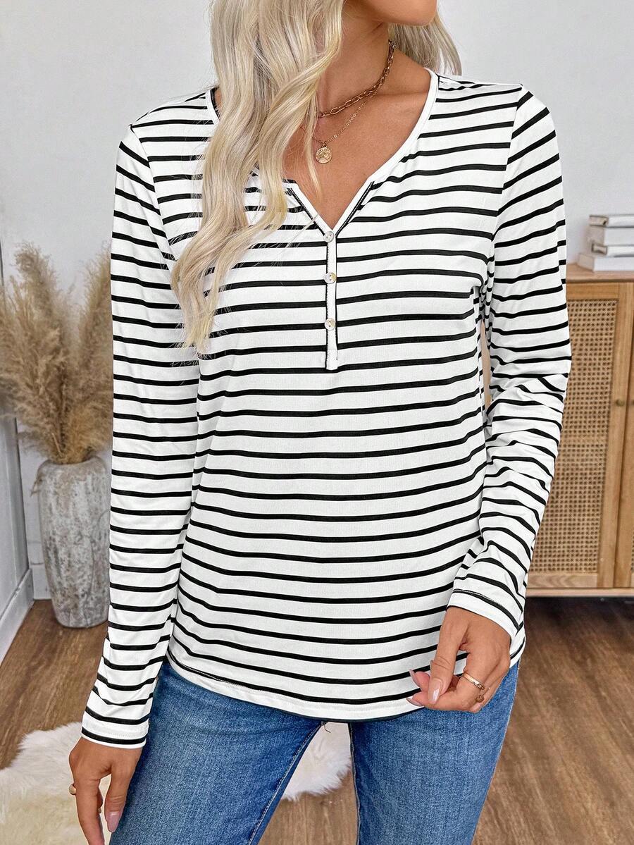 Damen Langarmshirt mit Knopfleiste und gestreiftem Design Fudus