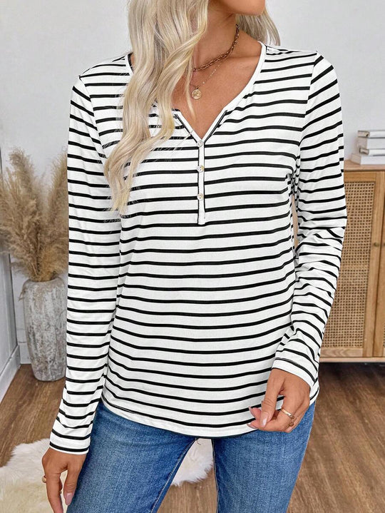 Damen Langarmshirt mit Knopfleiste und gestreiftem Design Fudus