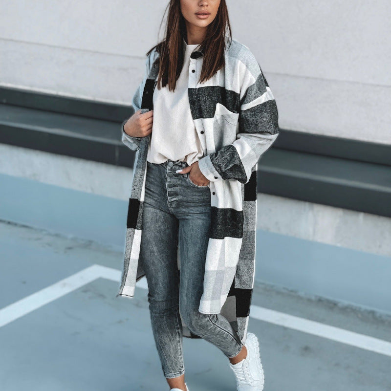 Damen Langer Karo-Wintermantel mit knöpfbarem Design und lockerer Passform Fudus