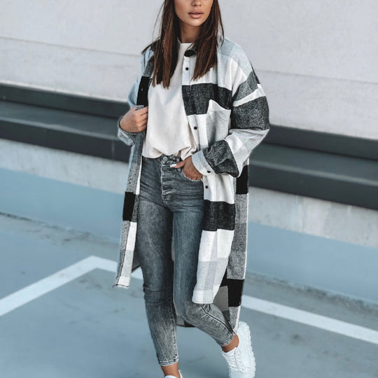 Damen Langer Karo-Wintermantel mit knöpfbarem Design und lockerer Passform Fudus