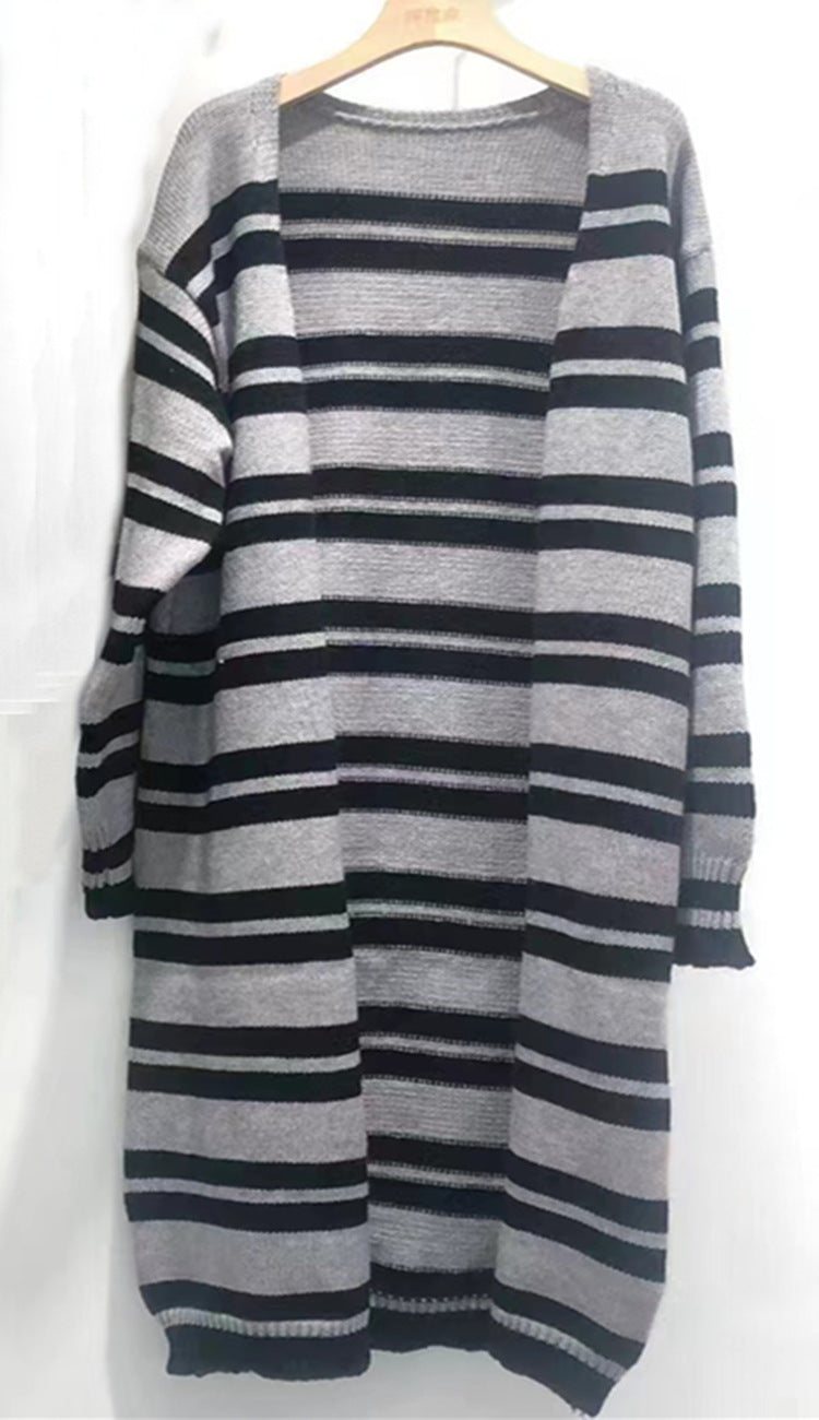 Damen Langer Strickcardigan mit gestreiftem Design und offenen Fronten Fudus