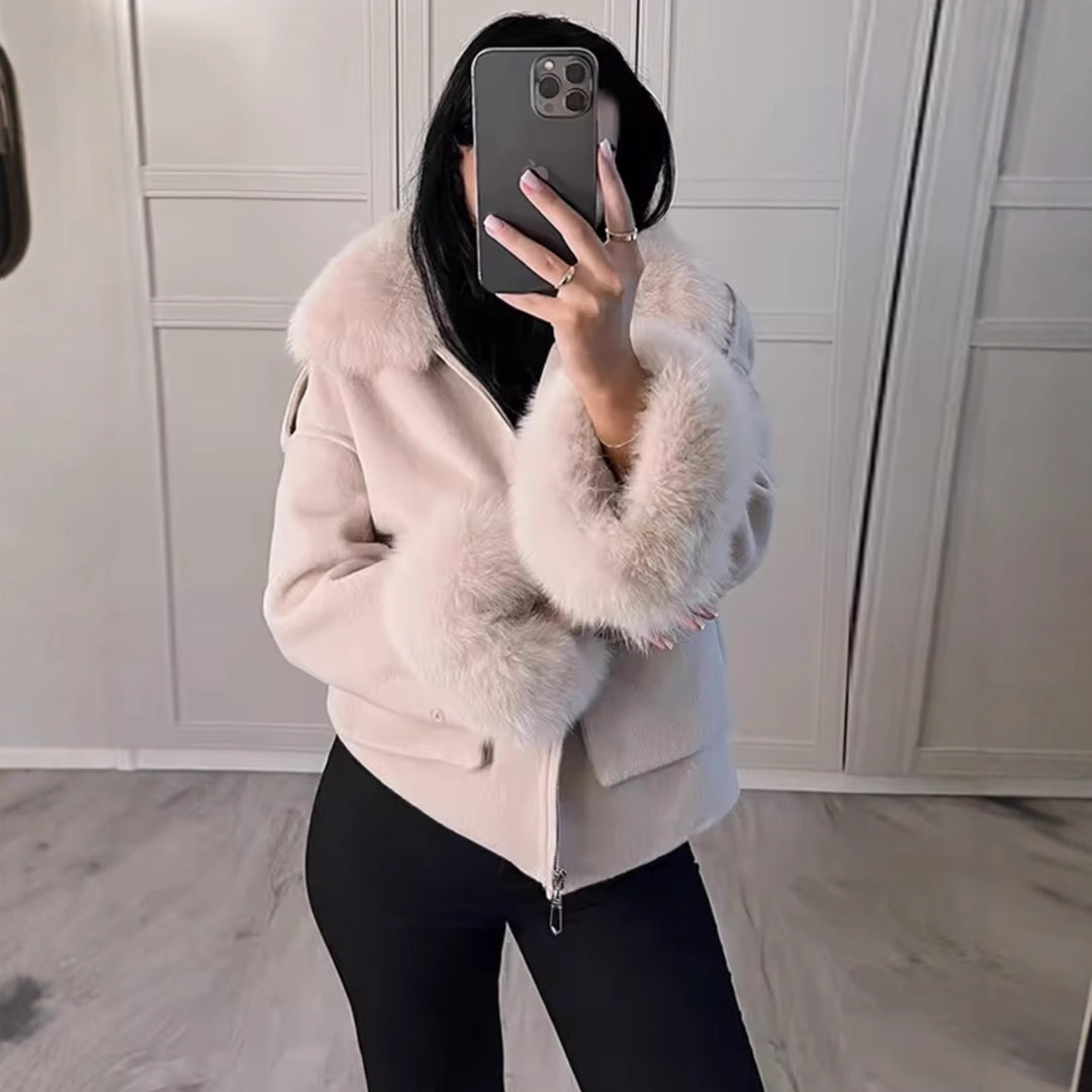 Damen Kunstfelljacke mit Pelzkragen und praktischen Taschen Fudus
