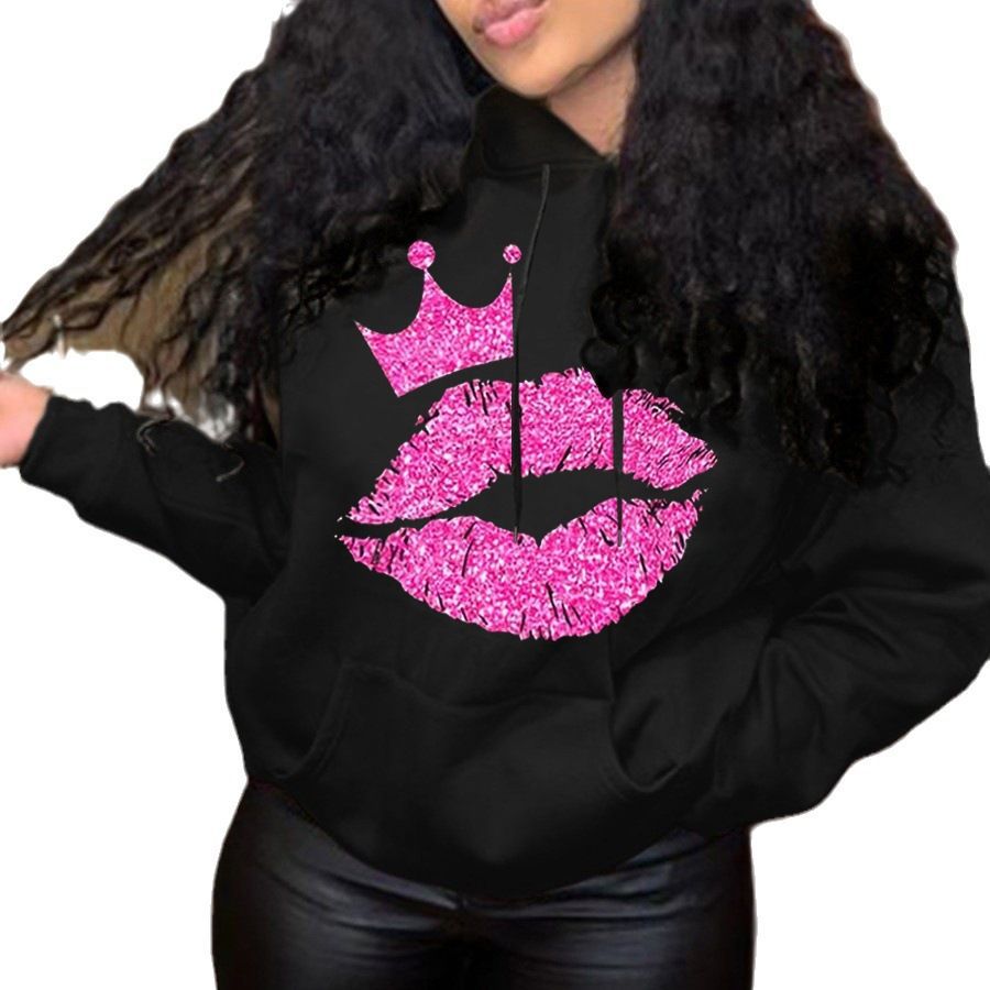Damen Kapuzensweatshirt mit auffälligem Lippenmotiv und Krone Fudus
