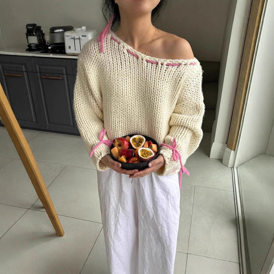 Damen Grobstrickpullover mit verspielten Schleifendetails Fudus