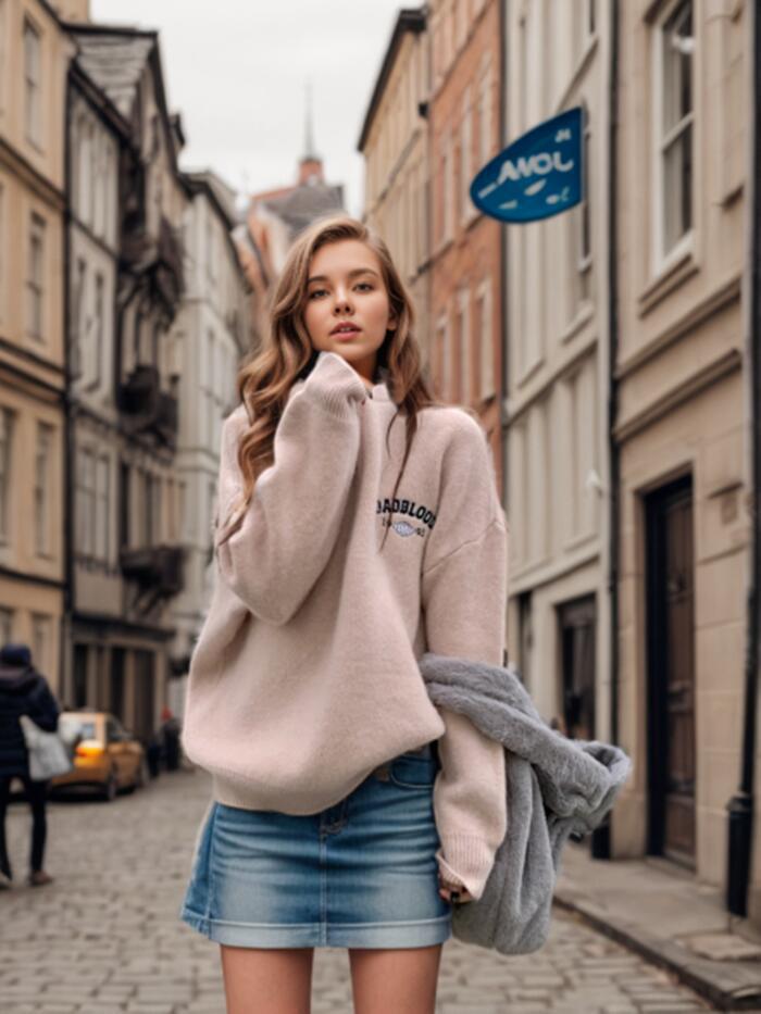 Damen Kuscheliger Pullover mit Stehkragen und Stickerei Fudus