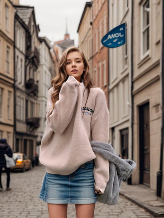 Damen Kuscheliger Pullover mit Stehkragen und Stickerei Fudus