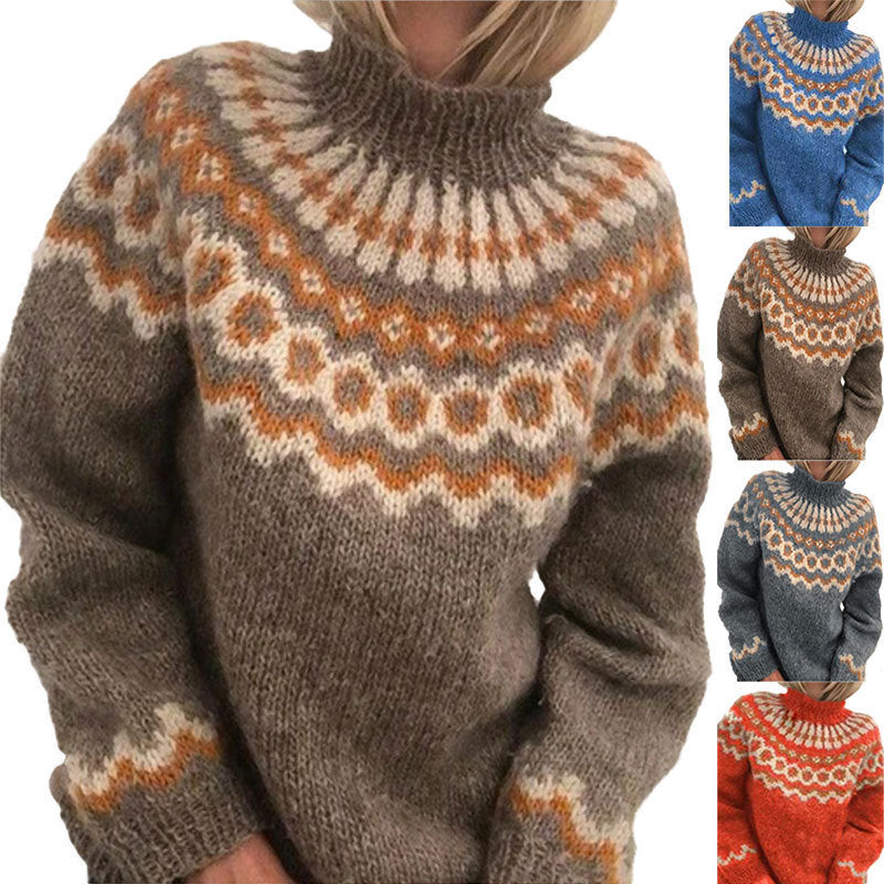 Damen Kuscheliger Strickpullover mit hohem Kragen und Norweger-Muster Fudus
