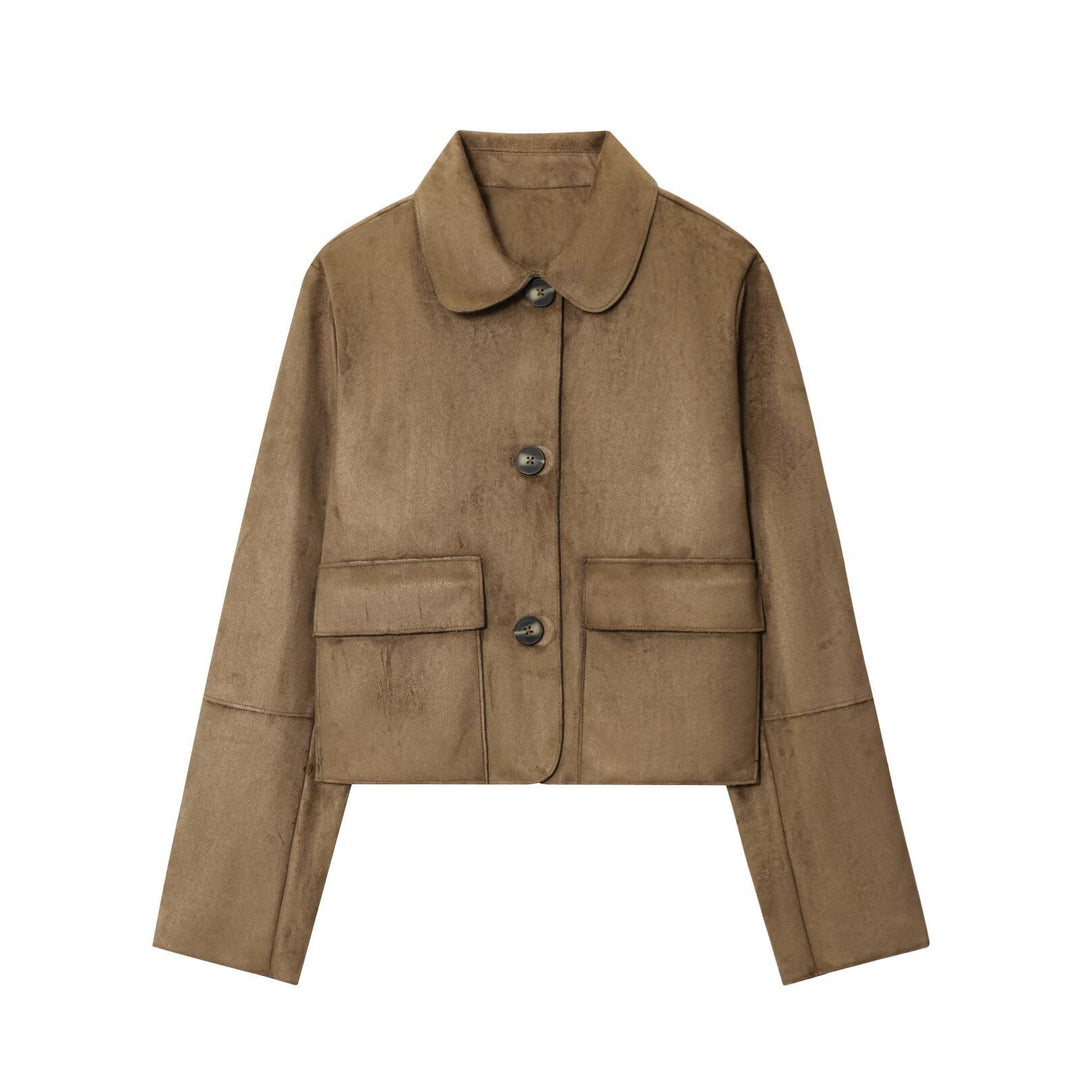 Damen kurze Utility-Jacke mit großen Taschen und modischem Kragen Fudus