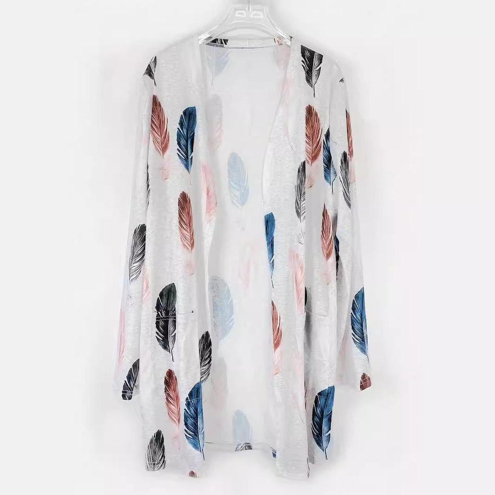 Damen Langer Cardigan mit floralem Muster und praktischen Taschen Fudus