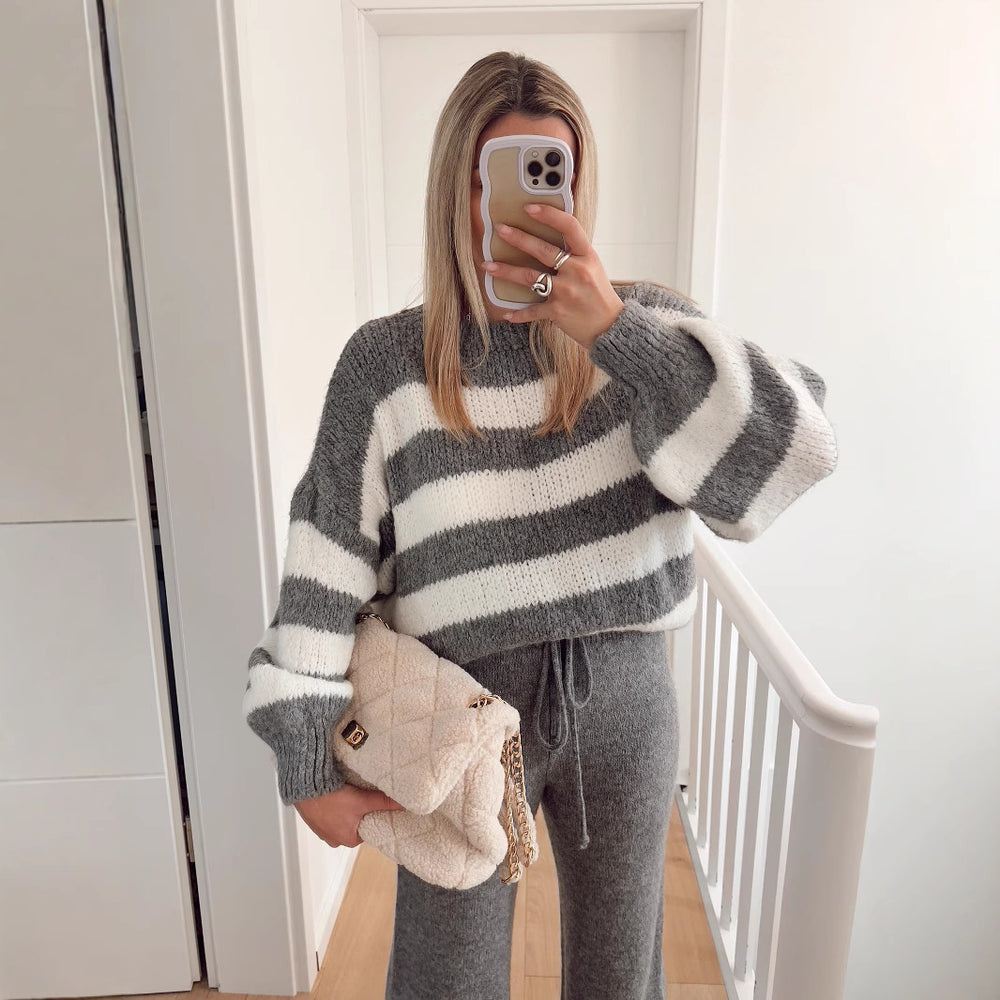 Damen modischer Cropped Pullover mit einzigartigem Streifenmuster und weit geschnittenen Ärmeln Fudus