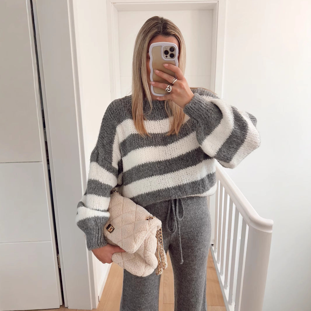 Damen modischer Cropped Pullover mit einzigartigem Streifenmuster und weit geschnittenen Ärmeln Fudus