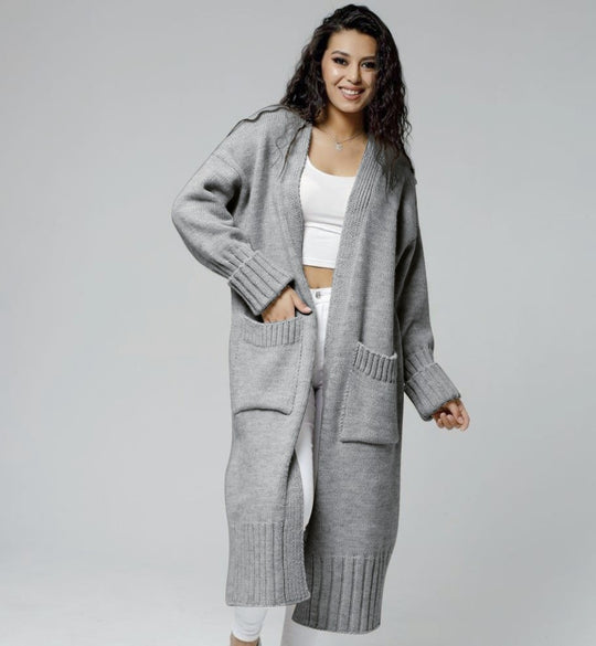 Damen Langstrickmantel mit tiefen Taschen und weitem Schnitt Fudus