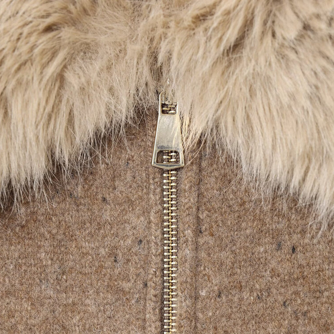 Damen lässige Strickjacke mit elegantem Kunstfellkragen Fudus