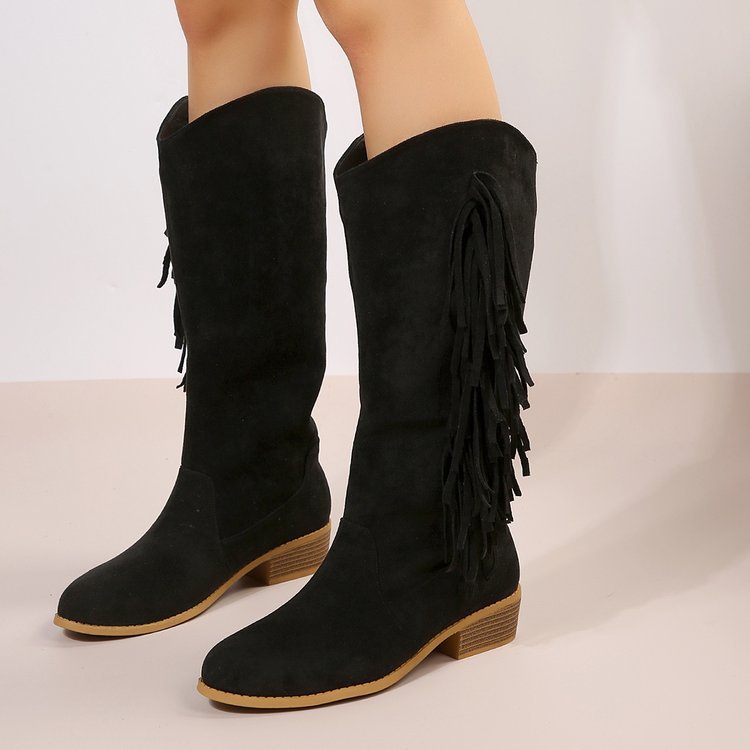 Damen Stiefel Fransen Wildleder Bequem Rutschfest Flexibel