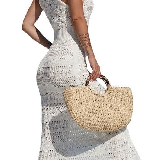 Damen Häkel-Maxikleid mit elegantem Schlitz und sportlichem Kragen Fudus