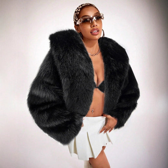 Damen Hochwertige elegante Kunstpelzjacke mit Kapuze Fudus