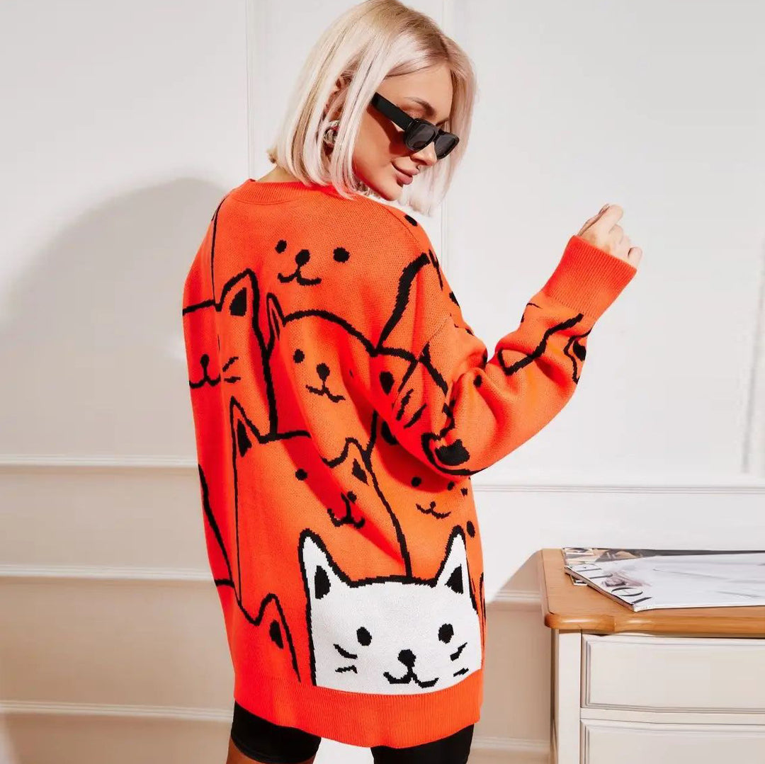 Damen Grobstrickpullover mit verspieltem Katzenmuster Fudus