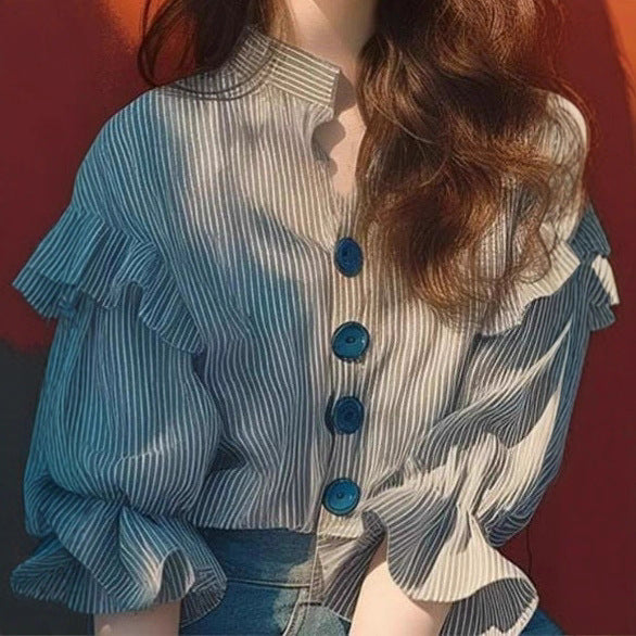 Damen Hemdbluse mit Rüschen und Knopfdetail Fudus