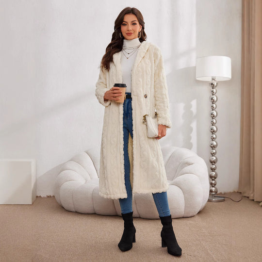 Damen Langer Plüsch-Mantel mit Kapuze Fudus