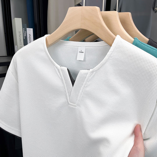 Damen Kurzarmshirt mit modernem V-Ausschnitt und atmungsaktivem Waffeljersey Fudus