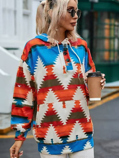 Damen Kapuzenpullover mit kreativem Farbmuster und praktischen Knöpfen Fudus