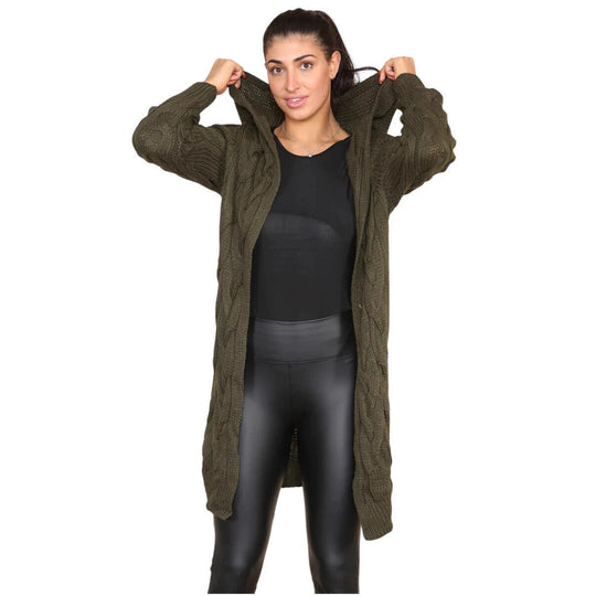 Damen kuscheliger Strickmantel mit Kapuze und großen Zopfmustern Fudus