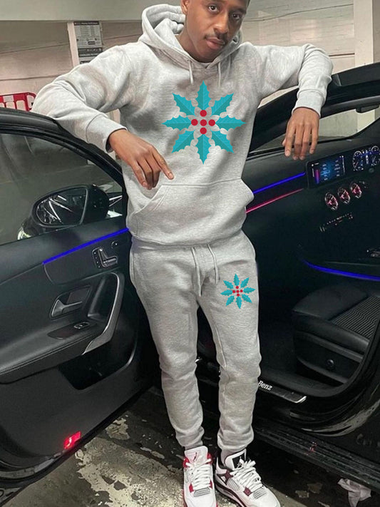 Damen Kapuzenpullover und Jogginghose Set mit winterlichem Blattmotiv Fudus