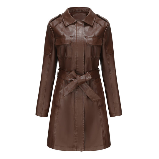 Damen modischer Leder-Trenchcoat Fudus