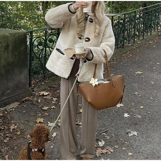 Damen kuschelige Teddy-Jacke mit hochwertiger Lederverarbeitung Fudus