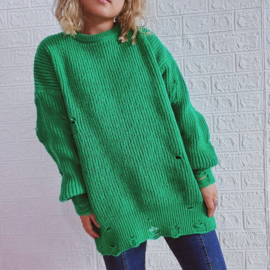 Damen Grobstrickpullover mit lässigen Rückenschlitzen und weiten Ärmeln Fudus