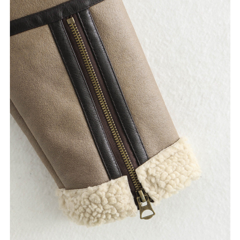 Damen lässige Lederjacke mit Teddyfellkragen und verstellbarem Gürtel Fudus