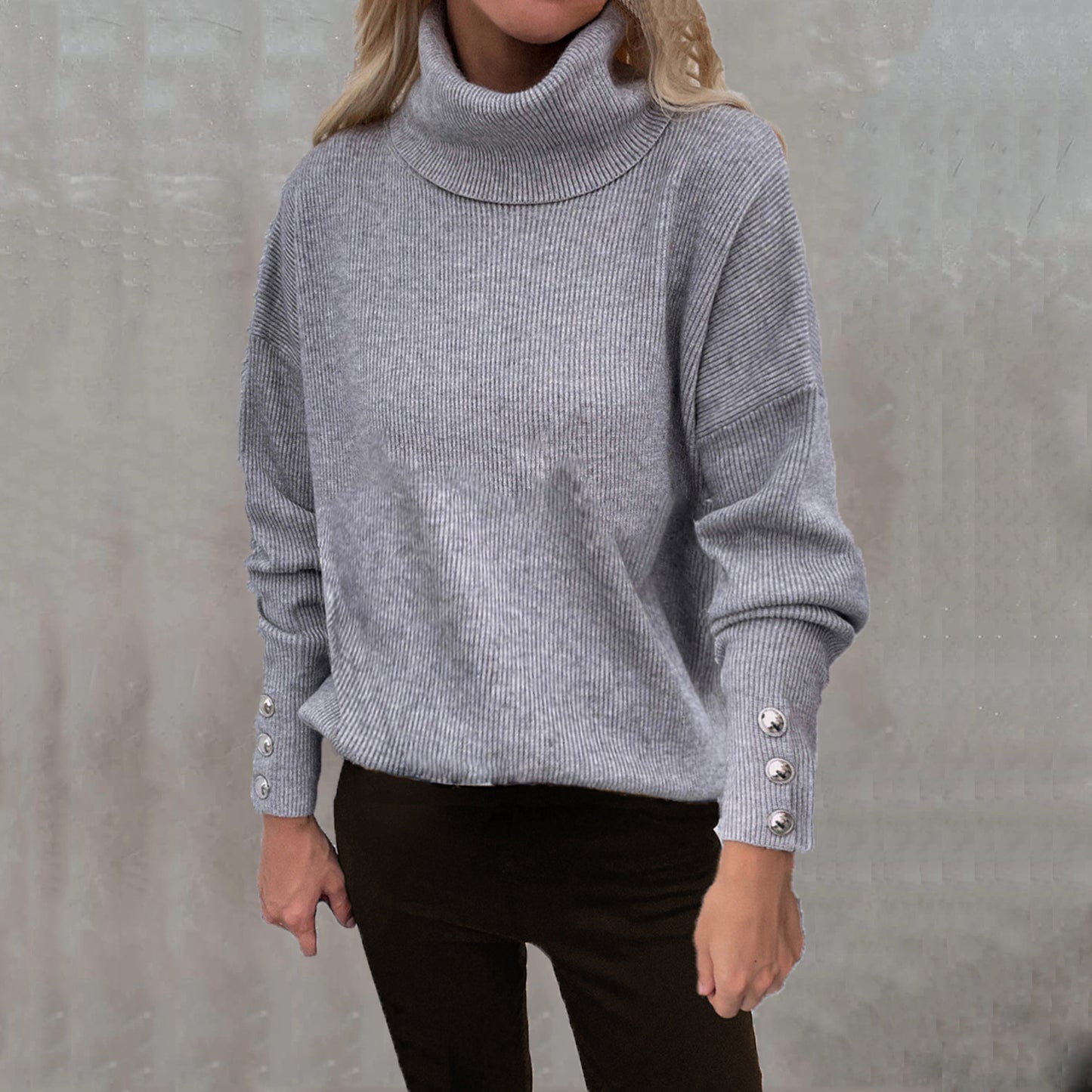 Damen Rollkragenpullover mit gestreiftem Design und dekorativen Knöpfen Fudus