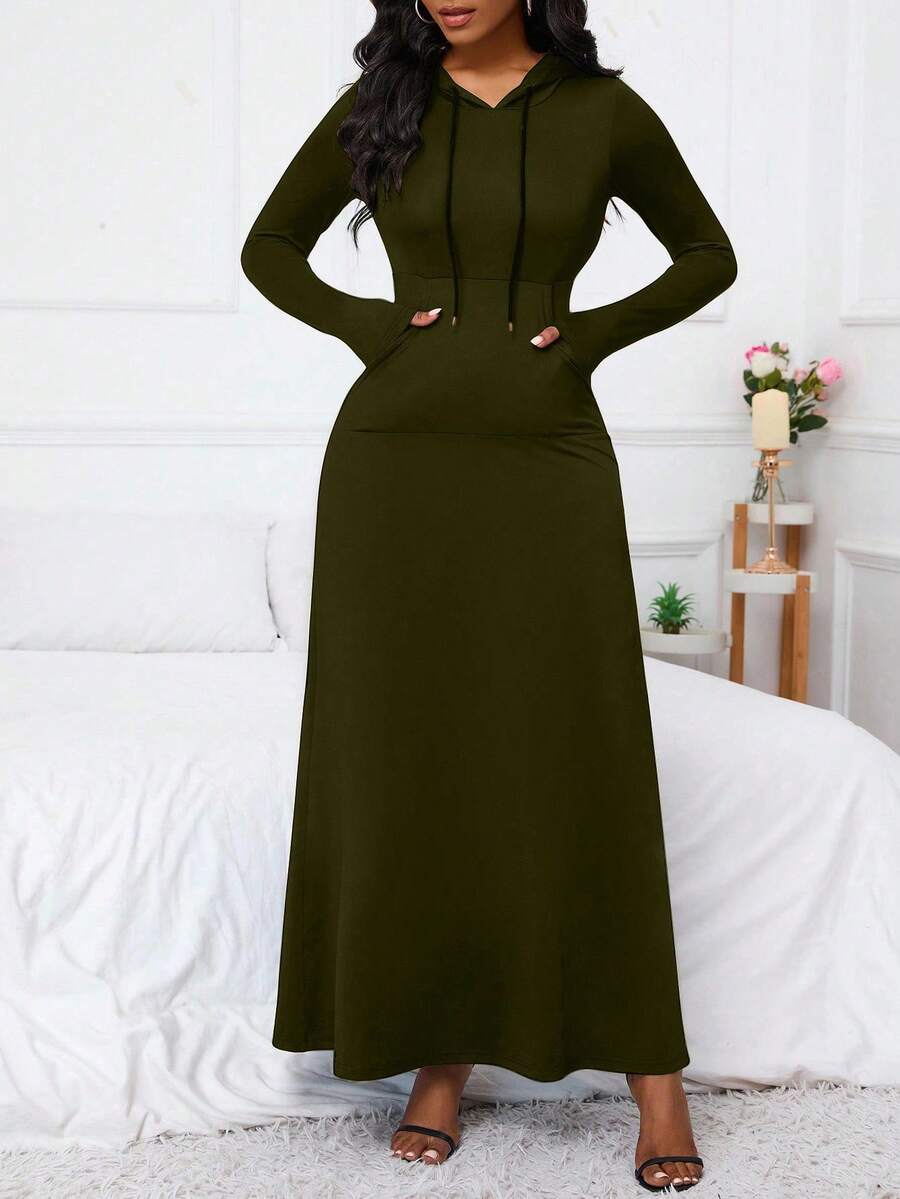 Damen Kapuzenmaxikleid mit praktischem Taschendesign Fudus